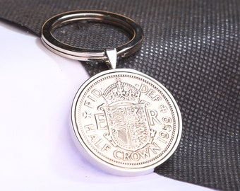 1959 65th Birthday Half Crown Coin Luxury Keyring- English Pre-Decimal Coin