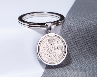 60th Birthday Gift 1966 Lucky Sixpence Coin Keyring - choose your box colour and metal colour