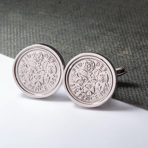 1955 70th Birthday Lucky Sixpence Coin Cufflinks - Gift/Anniversary - choose your surround colour