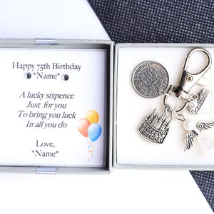 Personalised 75th birthday gift lucky sixpence keyring handbag charm 1949- choice of charms - gift for her