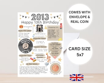 13th birthday card with 2013 coin- In Britain - with envelope - choose your card colour