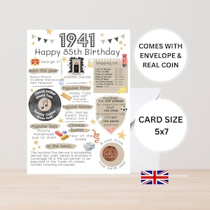 85th birthday card with 1941 coin- In Britain - Choose your card colour