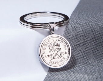 1944 80th birthday Lucky sixpence coin keyring - choose your metal colour and box colour