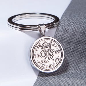 1950 75th birthday Lucky sixpence coin keyring - choose your metal colour and box colour