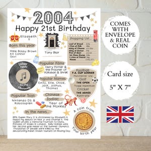 21st birthday card with 2004 coin - In Britain - comes with envelope - choose your card colour