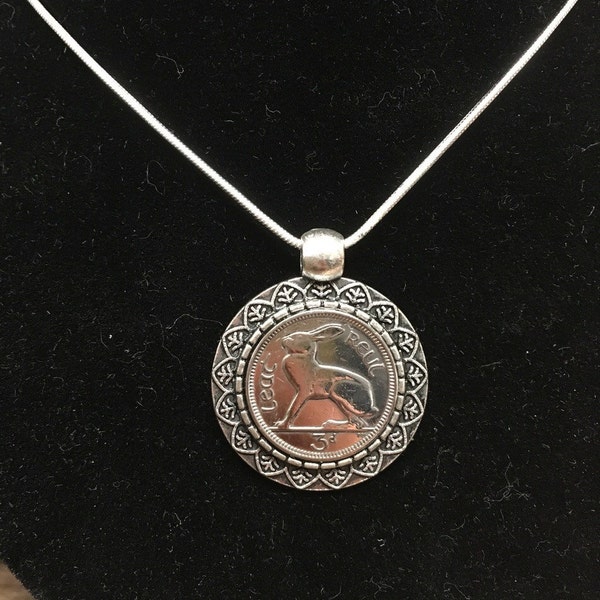 Irish 3d reul coin pendant necklace - hare design irish three pence lucky rabbit