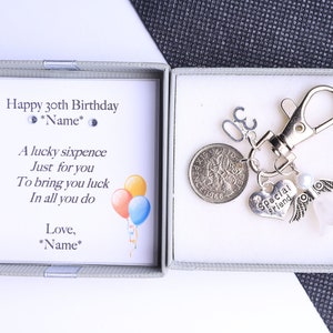 30th birthday lucky sixpence charm Personalised keyring keepsake with gift box choice of charms *clip keyring*