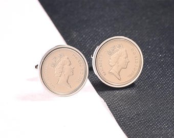 Gemelos antiguos originales de moneda de 5 peniques de 1986, conmemorativos del 40.º cumpleaños - HEADS & HEADS