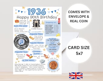 Tarjeta de 90 cumpleaños con moneda de 1936 y sobre. En Gran Bretaña. Elige el color de tu tarjeta.