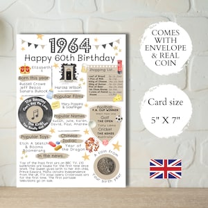 60th birthday card with 1964 coin- In Britain - choose your card colour - comes with envelope