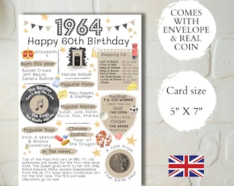 60th birthday card with 1964 coin- In Britain - choose your card colour - comes with envelope