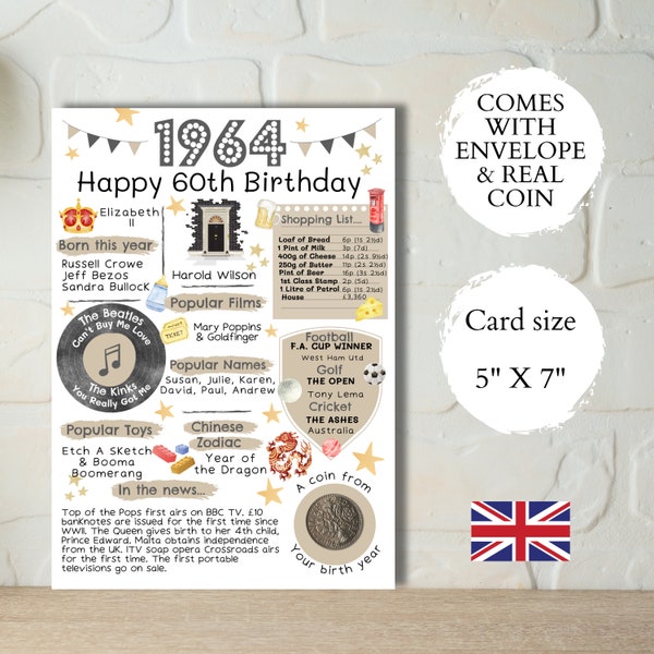 60th birthday card with 1964 coin- In Britain - choose your card colour - comes with envelope