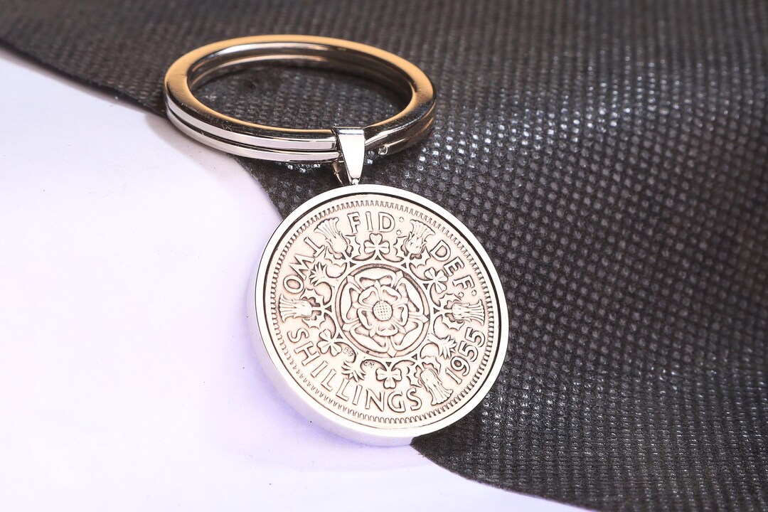 thumbnail image 2 of 1955 70th Birthday Double Coin Keyring - Florin & Shilling Vintage UK Metal 2 of 6