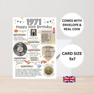 55th birthday card with 1971 coin- In Britain- with envelope - choose your colour