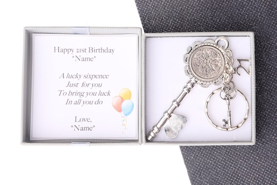 Personalised 21st birthday gift lucky sixpence keyring - heart key with charms