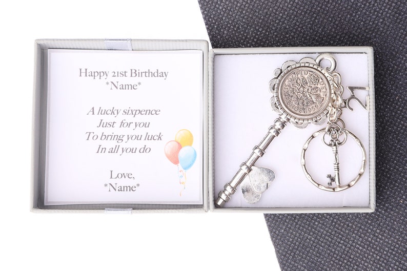May include: A silver key with a sixpence coin attached to it, in a white gift box with a card that reads "Happy 21st Birthday *Name* A lucky sixpence Just for you To bring you luck In all you do Love, *Name*"