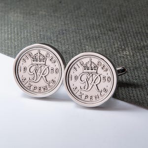 1950 75th Birthday lucky sixpence coin cufflinks - choose your surround colour