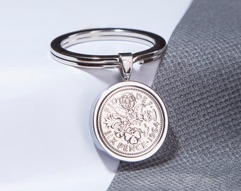 60th Birthday Gift 1964 Lucky Sixpence Coin Keyring - choose your box colour and metal colour