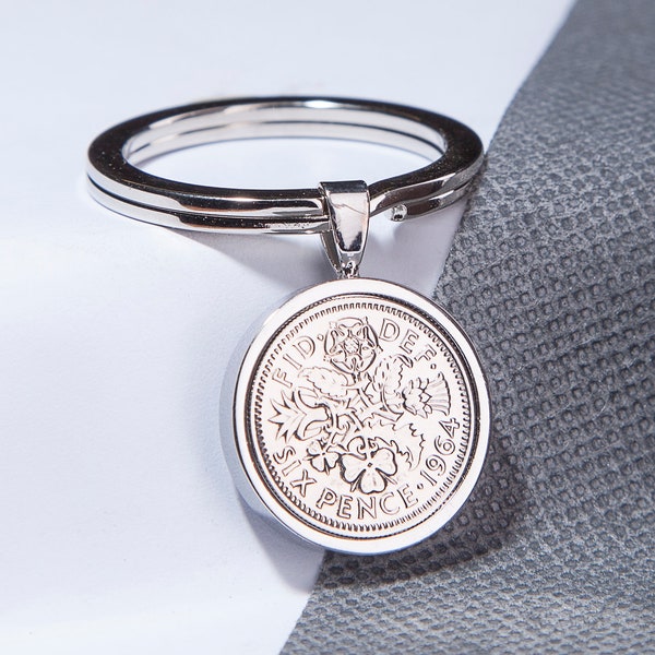 60th Birthday Gift 1964 Lucky Sixpence Coin Keyring - choose your box colour and metal colour