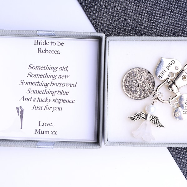 Lucky sixpence bridal gift - Bride to be Charm keyring - Personalised