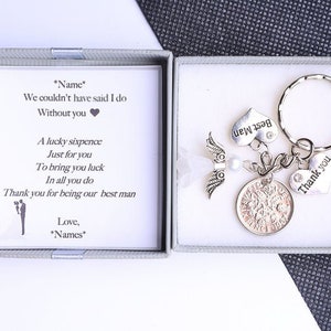 Llavero personalizado de seis peniques de la suerte para padrino de boda, regalo de boda con caja de regalo