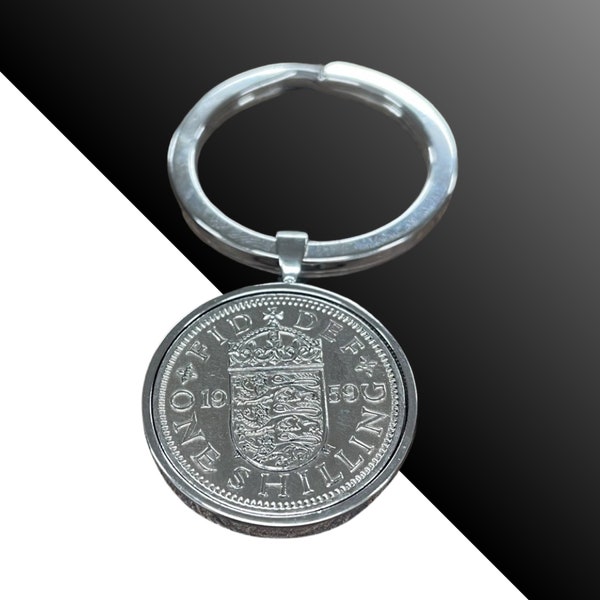 65th birthday gift 1959 one shilling coin keyring - English or Scottish  shilling-Choose your Metal and Box Colour