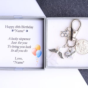 Personalised 18th birthday gift lucky sixpence keyring handbag charm  -choice of charms - gift for her *clip keyring*