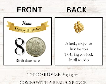 personalised lucky sixpence 80th birthday token - gift - banner design 1944