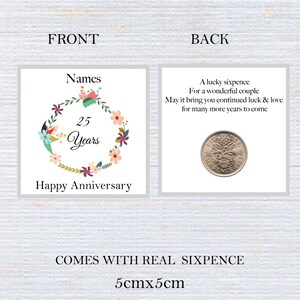 Ficha personalizada de la moneda de seis peniques del 25 aniversario de bodas