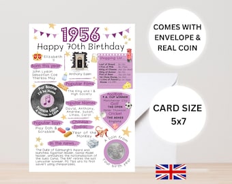 70th birthday card with 1956 coin - In Britain - Choose your card colour