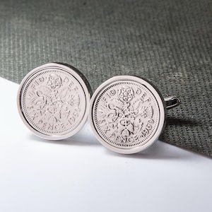 1960 65th Birthday lucky sixpence coin cufflinks - choose your surround colour