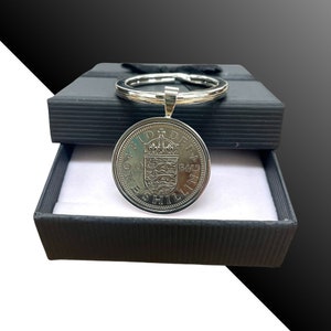 60th birthday gift 1965 one shilling coin keyring - English or Scottish  shilling-Choose your Metal and Box Colour
