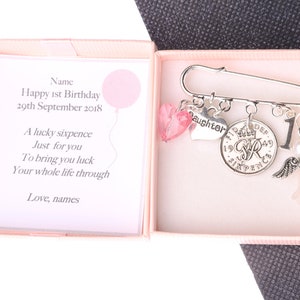 Personalised 1st birthday lucky sixpence kilt pin keepsake - baby girl