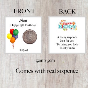personalised lucky sixpence 75th birthday token - gift - balloon design