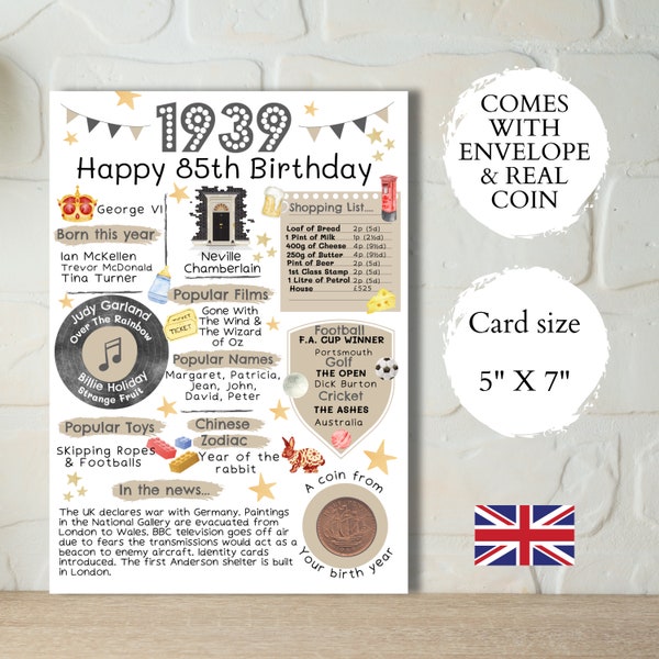 85th birthday card with 1939 coin- In Britain - Choose your card colour