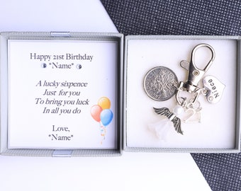 Personalised 21st birthday gift lucky sixpence keyring handbag charm  -choice of charms - gift for her *clip keyring*