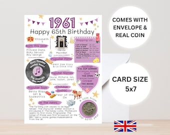 Tarjeta de 65 cumpleaños con moneda de 1961 - En Gran Bretaña - elige el color de tu tarjeta