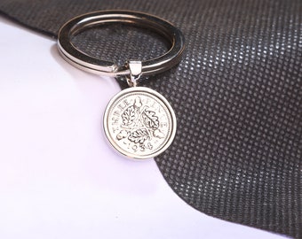 1934 90th birthday Lucky silver threepence coin keyring