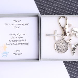 Personalisiertes Taufgeschenk Lucky sixpence Schlüsselanhänger Andenken Junge / Mädchen