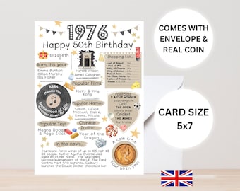 50th birthday card with 1976 coin - with envelope - choose your card colour