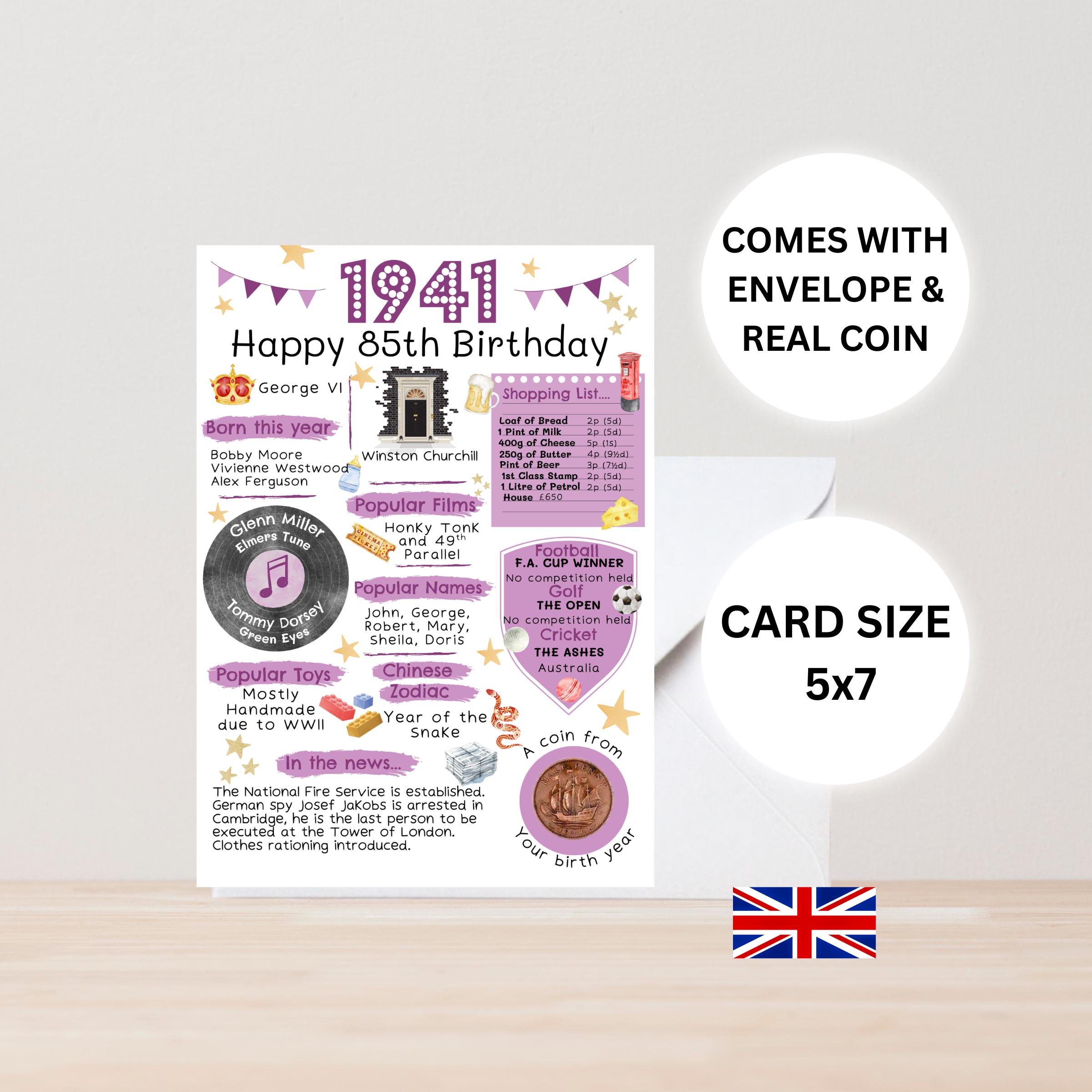 Tarjeta De Cumpleaños 85 Años Con Moneda + Sobre (1938) | Elige Color | Hecha En UK