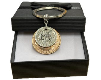 80th Birthday 1945 English half penny/sixpence  Double Keyring