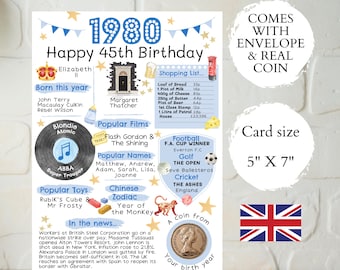 45th birthday card with 1980 coin - with envelope - choose your card colour