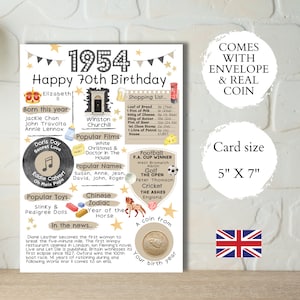 70th birthday card with 1954 coin - In Britain - Choose your card colour