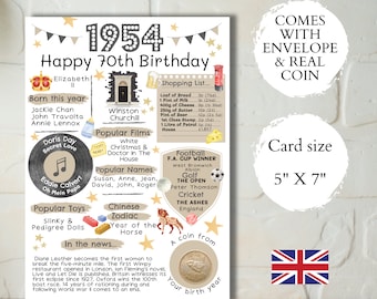 70th birthday card with 1954 coin - In Britain - Choose your card colour