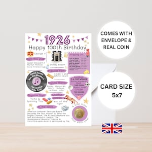 Carte du 100e anniversaire avec une pièce de 1926 et une enveloppe - Choisissez la couleur de votre carte - Carte britannique
