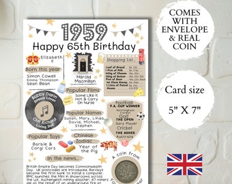 65th birthday card with 1959 coin - In Britain - choose your card colour