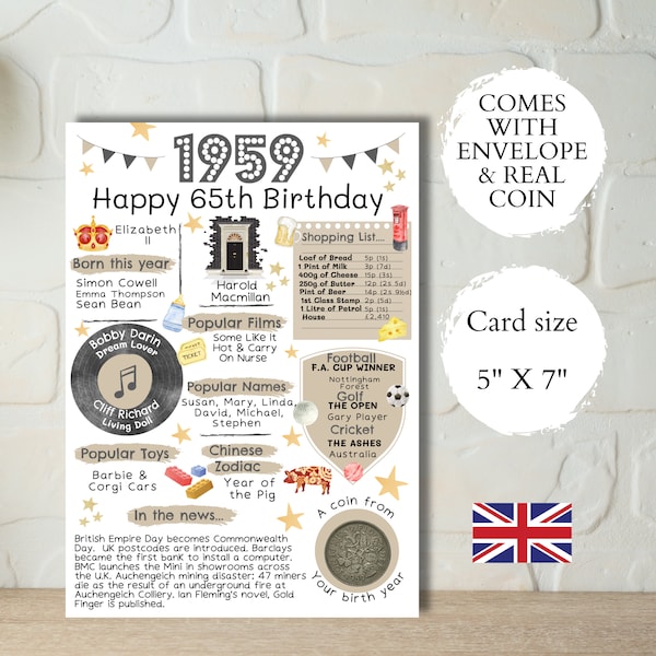 65th birthday card with 1959 coin - In Britain - choose your card colour