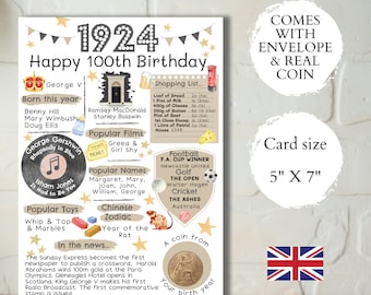 Carte du 100e anniversaire avec une pièce de 1924 et une enveloppe - Choisissez la couleur de votre carte - Carte britannique