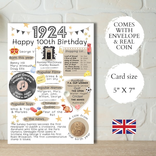 100th birthday card with 1924 coin and envelope - Choose your card colour -British card